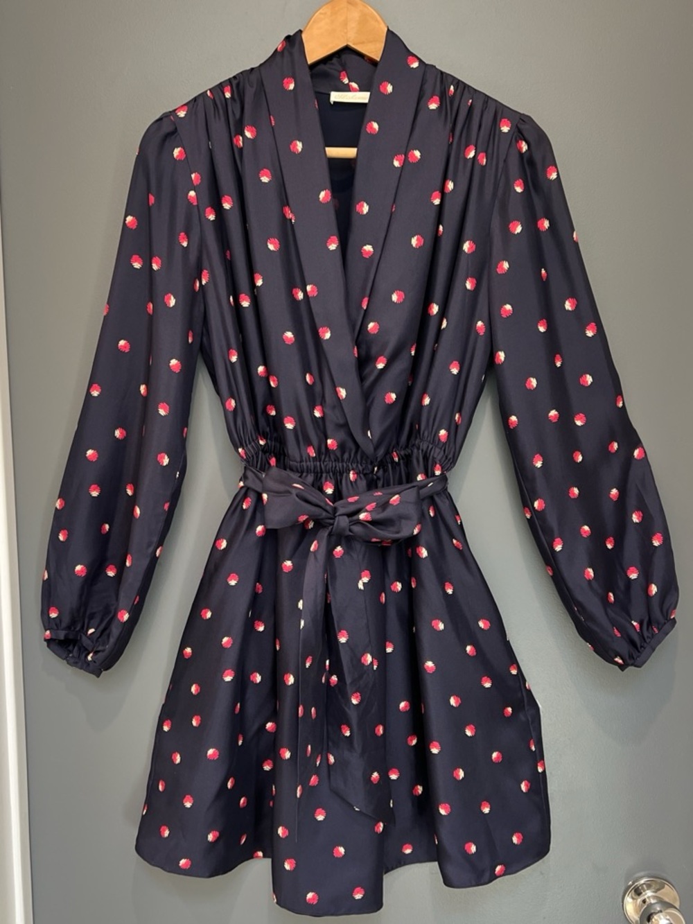Shoshanna silk Navy Wrap Dress with Pink Dot Print